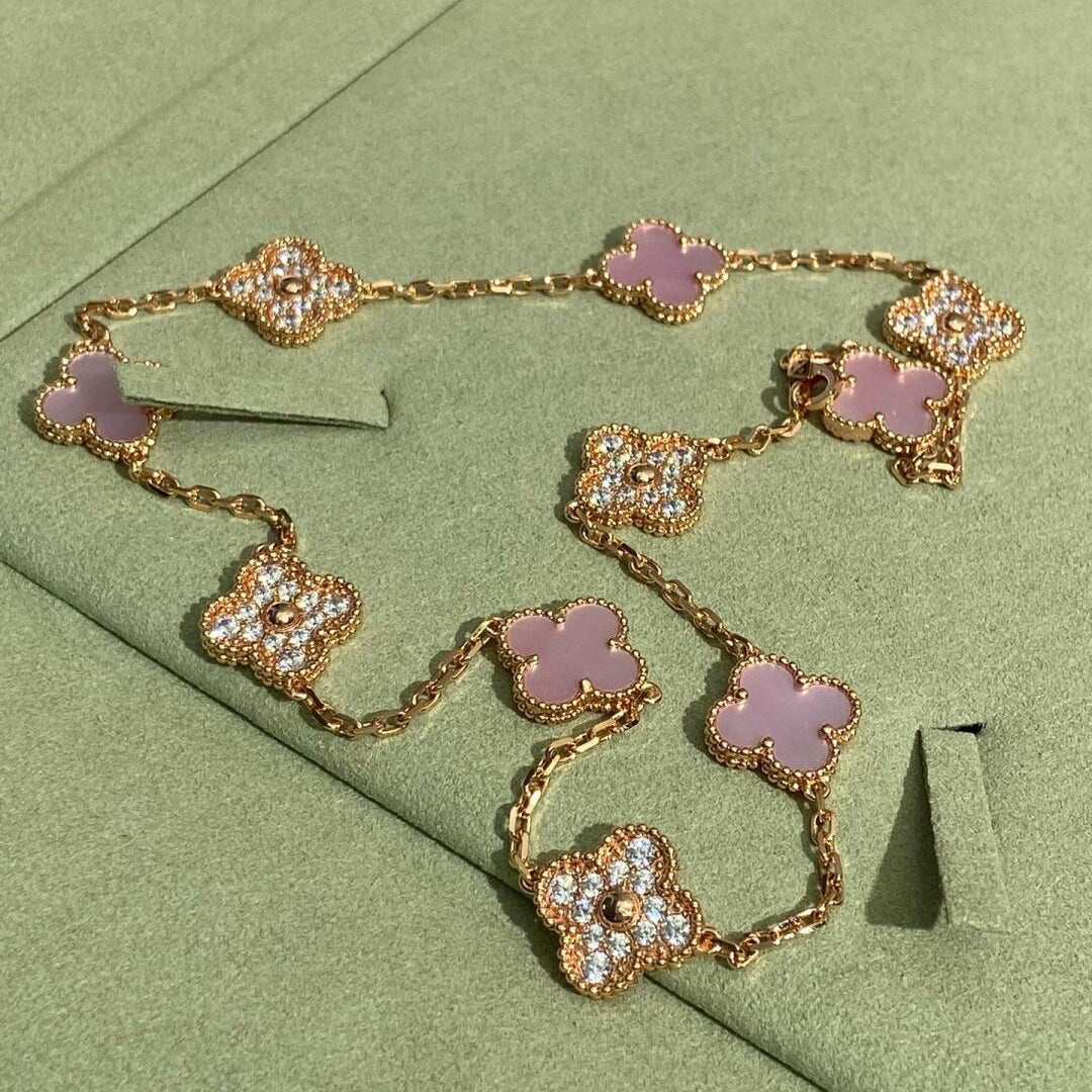 [GALE]CLOVER 10 MOTIFS DIAMOND PINK MOP NECKLACE