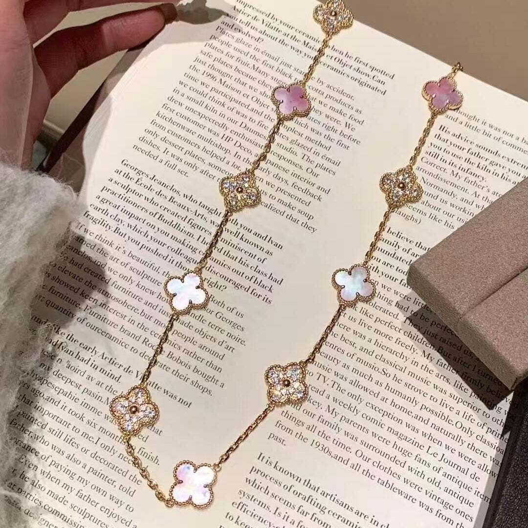 [GALE]CLOVER 20 MOTIFS DIAMOND PINK MOP NECKLACE