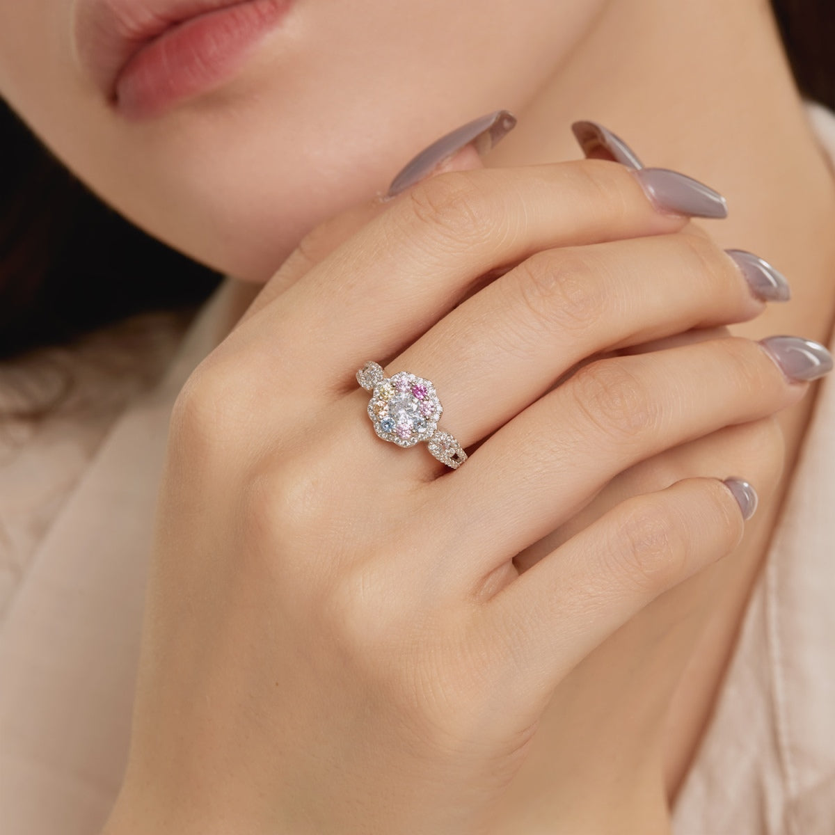 [GALE]Delicate Colorful Round Cut Flower Shape Wedding Ring