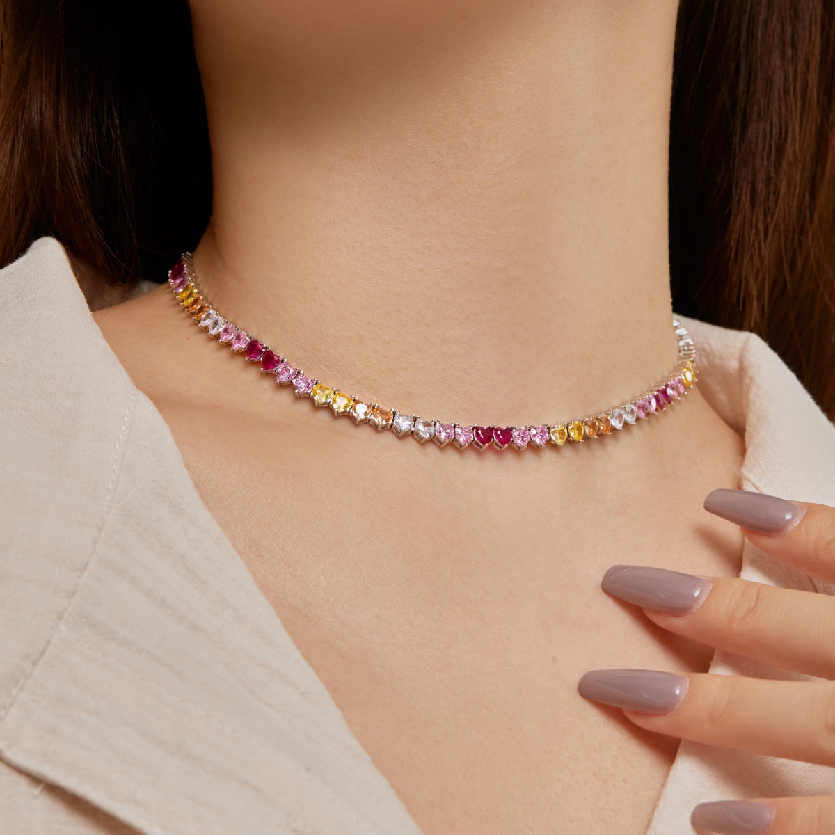 [GALE]Sparkling Colorful Full Heart Tennis Necklace
