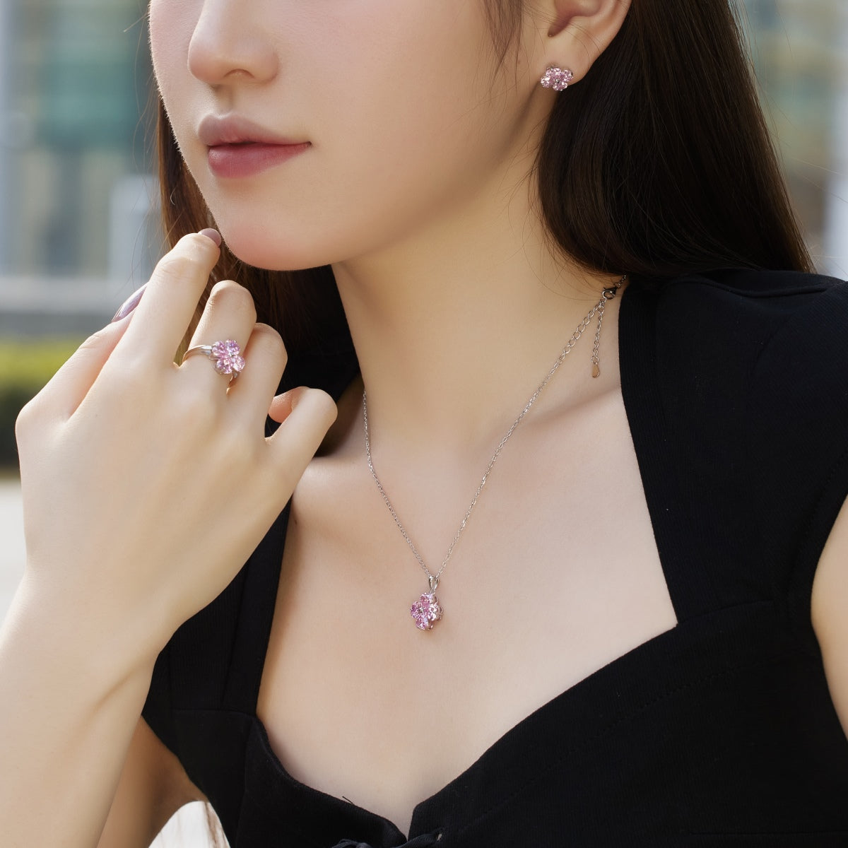 [GALE]Heart-Shaped Four-Leaf Clover Bead Necklace