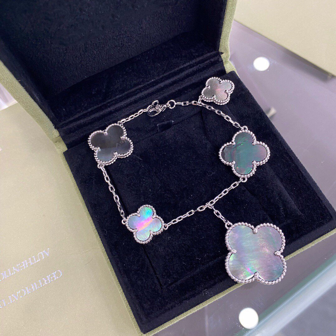 [GALE]CLOVER 5 MOTIFS SIVLER DARK MOP BRACELET