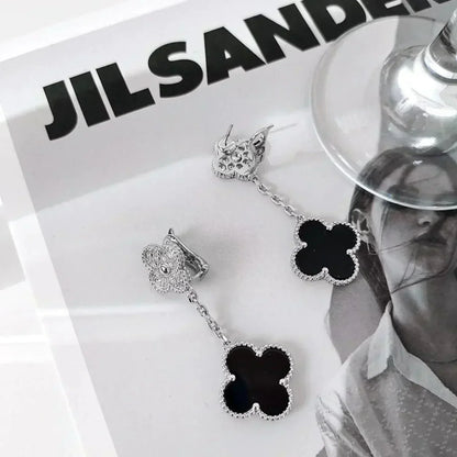 [GALE] Ohrringe mit Kleeblattmotiven, Diamant und Onyx, Silber