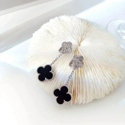 [GALE] Ohrringe mit Kleeblattmotiven, Diamant und Onyx, Silber