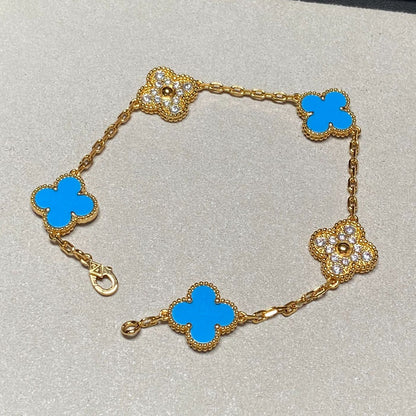 [GALE]CLOVER 5 MOTIF BLUE CHALCEDONY DIAMOND GOLD BRACELET