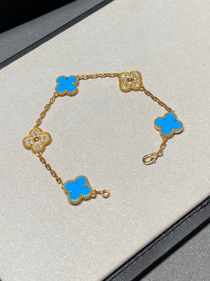 [GALE]CLOVER 5 MOTIF BLUE CHALCEDONY DIAMOND GOLD BRACELET
