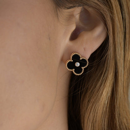 [GALE]CLOVER MEDIUM 1 MOTIFS ONYX DIAMOND EARRINGS