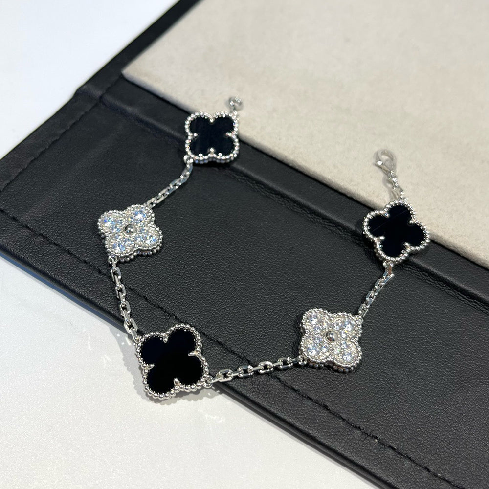 [GALE]CLOVER 5 MOTIF ONYXS DIAMOND BRACELET SILVER
