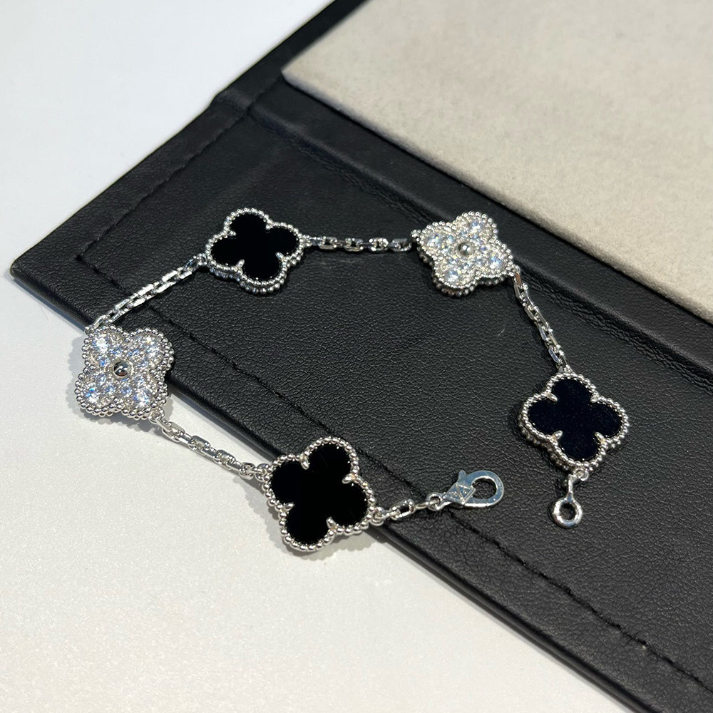 [GALE]CLOVER 5 MOTIF ONYXS DIAMOND BRACELET SILVER